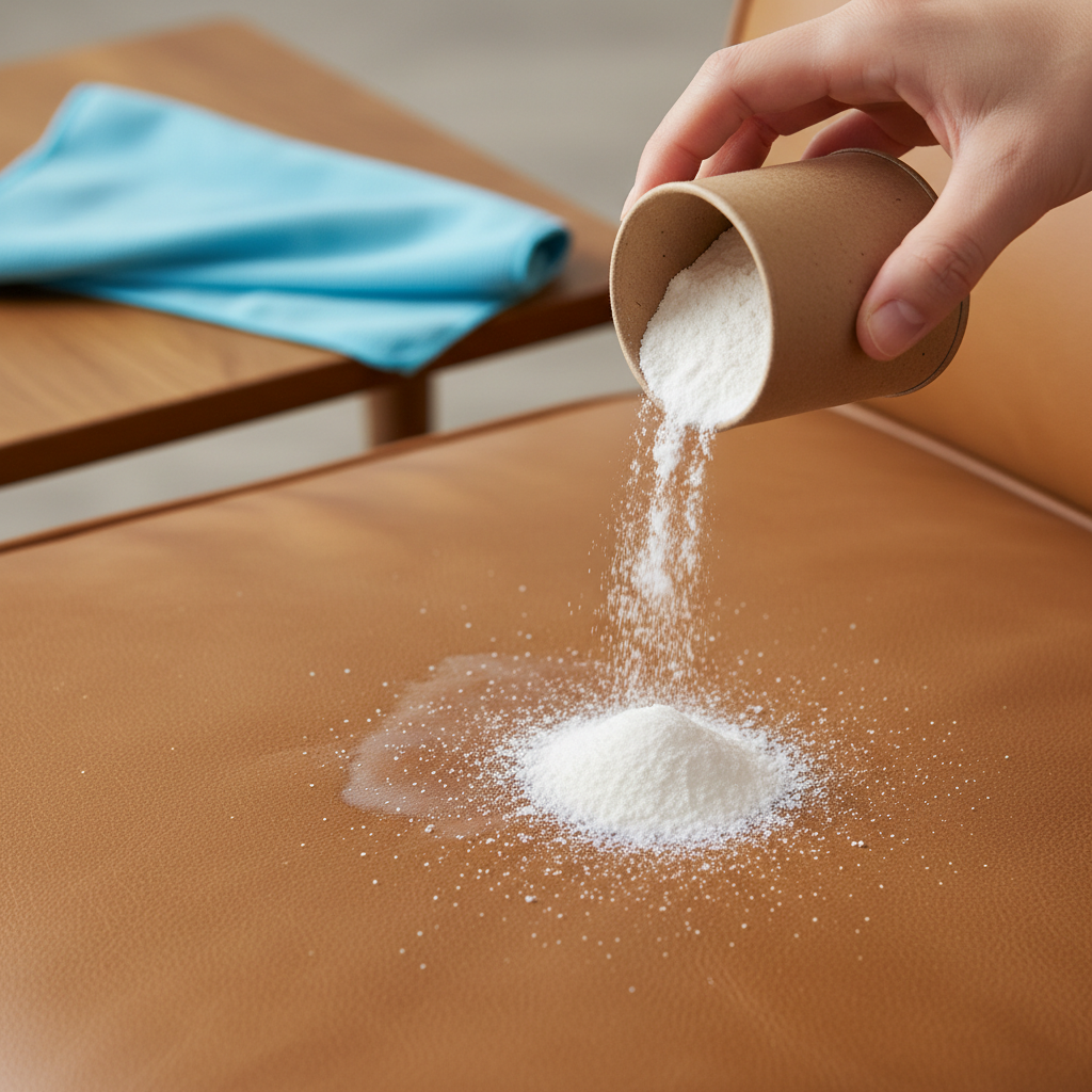 A close-up, professional studio photograph of a section of an elegant leather sofa cushion, showing a fresh, subtle grease stain. A hand, gently holding a small container of white powder (like baby powder or cornstarch), is carefully sprinkling the absorbent powder directly onto the center of the stain. In the background, slightly out of focus, lies a soft, lint-free microfiber cloth, ready for use. The lighting is soft and natural, highlighting the texture of the leather and the fine powder. The overall impression is one of careful, immediate action to address a common problem.