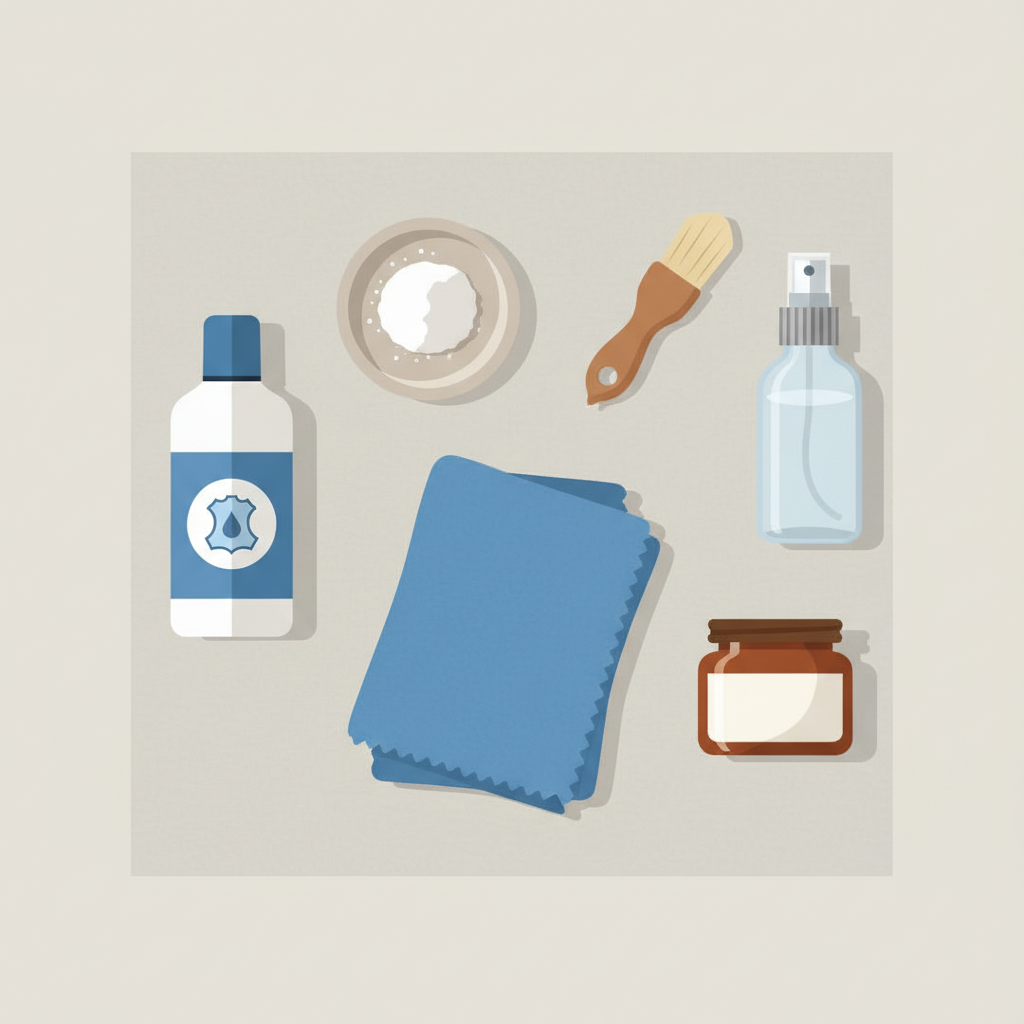 A detailed, clean flat illustration showcasing a collection of essential tools and materials for leather stain removal, arranged neatly on a light, neutral surface. Visible items include a folded soft microfiber cloth, a bottle of specialized leather cleaner, a small open container of white absorbent powder (like cornstarch or talcum), a small spray bottle of distilled water, a gentle soft-bristle brush, and a small jar of leather conditioner. Each item is depicted clearly and distinctly, emphasizing their readiness for use in a systematic cleaning process. The style is modern, informative, and visually appealing, like an infographic without any text.