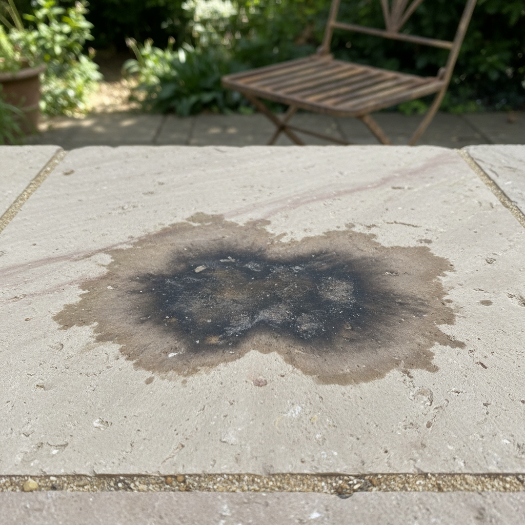 A high-resolution, professional photo capturing a close-up of an outdoor light-colored stone patio slab. A dark, irregular grease stain is prominently visible, deeply embedded in the porous surface, creating an unsightly mark. The texture and natural variations of the stone should be clearly discernible around the stain, emphasizing its presence. The background is softly blurred, hinting at a pleasant outdoor setting like a garden or patio corner, underscoring the visual impact of the grease on an otherwise beautiful area. The image conveys the stubbornness and unsightliness of a common household problem.