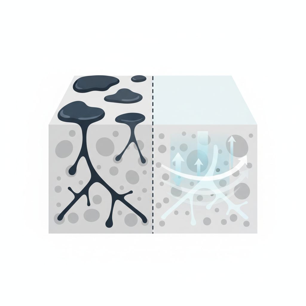 A clean, flat illustration in an infographic style, depicting a conceptual cross-section of a stone slab. On one side, several dark, amorphous grease droplets are shown on the surface, with some clearly extending downwards into simplified, internal pores of the stone, illustrating deep penetration. On the opposing side of the same conceptual slab, the surface and internal pores are depicted as clean and clear, with an abstract visual element, such as a subtle upward gradient or a simplified 'lifting' motion, suggesting the successful removal of the grease from the stone's structure. The illustration should be simple, clear, and informative, focusing on the before-and-after state of the stone's porosity.