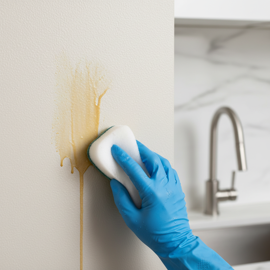 A professional photo illustrating a 'before and after' effect of grease stain removal. On the left side, a section of a light-colored kitchen wall shows a distinct, yellowish-brown grease stain. On the right side, the same wall material is visibly clean and pristine, free of any blemishes. In the foreground, blurred slightly, a hand holds a soft, damp sponge, suggesting the cleaning action has just taken place. The image should convey cleanliness and effectiveness without showing a complete 'split' but rather a clear contrast between the stained and clean areas.