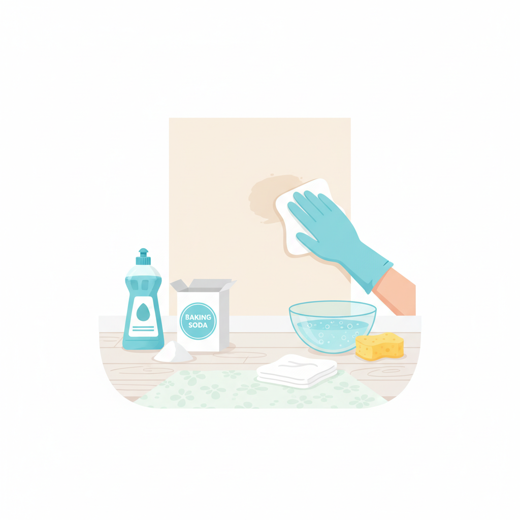 A clean, bright flat illustration depicting the preparation and initial steps of grease stain removal. The scene shows various cleaning items neatly arranged around a small, simulated wall section with a subtle, light grease mark. A bottle of dish soap, a box of baking soda, a bowl containing a diluted soapy water solution, a soft cleaning cloth, and a sponge are prominently displayed. A pair of hands, possibly wearing protective gloves, are gently touching the wall section with the cloth, indicating a careful test or initial cleaning phase. The background subtly implies a protected floor beneath.