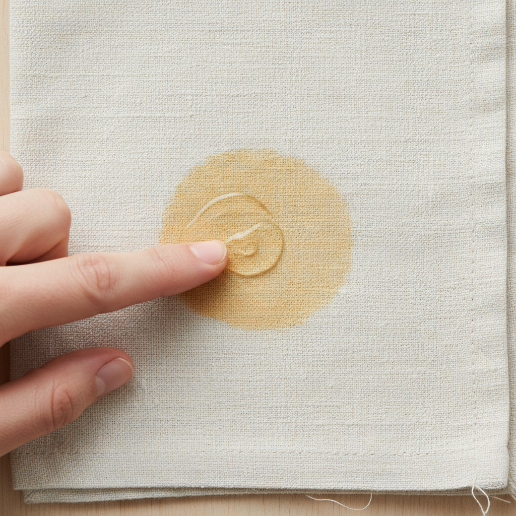 A close-up, top-down view of a light-colored fabric, such as a white t-shirt or linen napkin, featuring a distinct, fresh grease stain. A clean, manicured hand is gently dabbing or applying a translucent, slightly viscous liquid directly onto the center of the stain, using a fingertip or a small, clean cloth. The liquid is just beginning to spread outwards, symbolizing immediate treatment and effective action. The scene is brightly lit and focuses sharply on the detail of the stain and the hand's action. Professional photo, high-resolution.