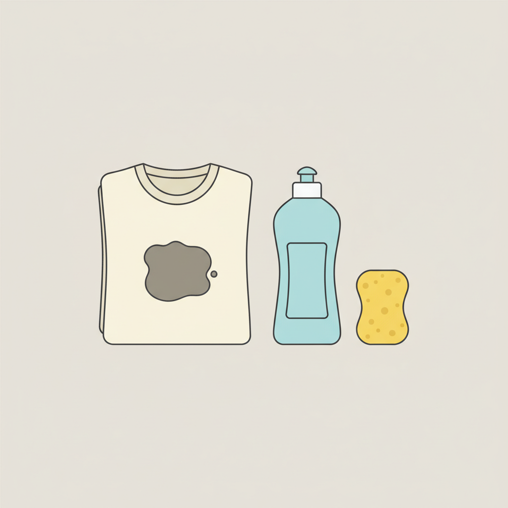 A minimalist flat illustration depicting the concept of grease stain removal with common household items. On one side, a piece of light fabric, like a folded white shirt, displays a small, distinct grease stain. Adjacent to it, a generic-looking bottle of liquid (implying dish soap, without any branding) and a soft cleaning brush or sponge are neatly arranged. The composition should convey simple, accessible, and effective solutions for tackling grease stains using everyday means. Clean lines, a muted color palette, vector art style.