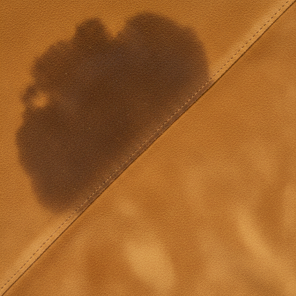 A highly detailed, professional photo capturing the transformation of suede from stained to pristine. The image is conceptually divided, perhaps diagonally or with a subtle lighting shift. On one side, a section of rich, caramel-colored suede displays a prominent, dark, oily grease stain, subtly appearing to have penetrated the fibers, making the texture look matted and discolored. The other side of the image showcases the same suede material, now perfectly clean, vibrant, and soft, with its characteristic nap beautifully restored and catching the light. The contrast should be stark, highlighting the successful removal of the stubborn blemish.
