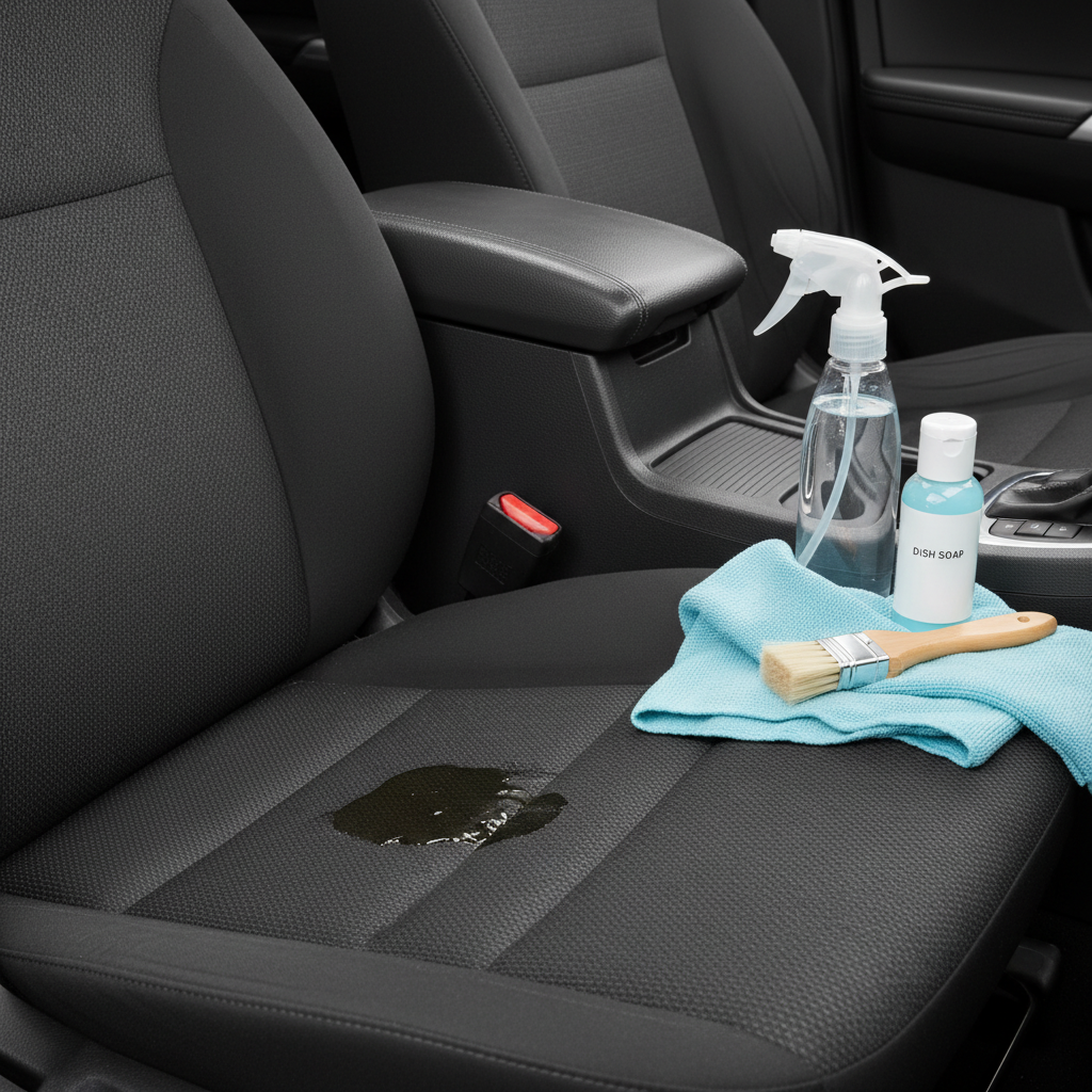 A close-up, professional photo of a car interior, specifically a fabric car seat. A prominent, fresh grease stain is clearly visible on the upholstery. Beside the car seat, possibly on the console or an adjacent surface, are neatly arranged cleaning supplies: a spray bottle of water, a clean, folded microfibre cloth, a small bottle of mild dish soap, and a soft-bristled brush. The lighting is bright and even, highlighting the details of the stain and the tools, conveying a sense of preparation and readiness to clean.
