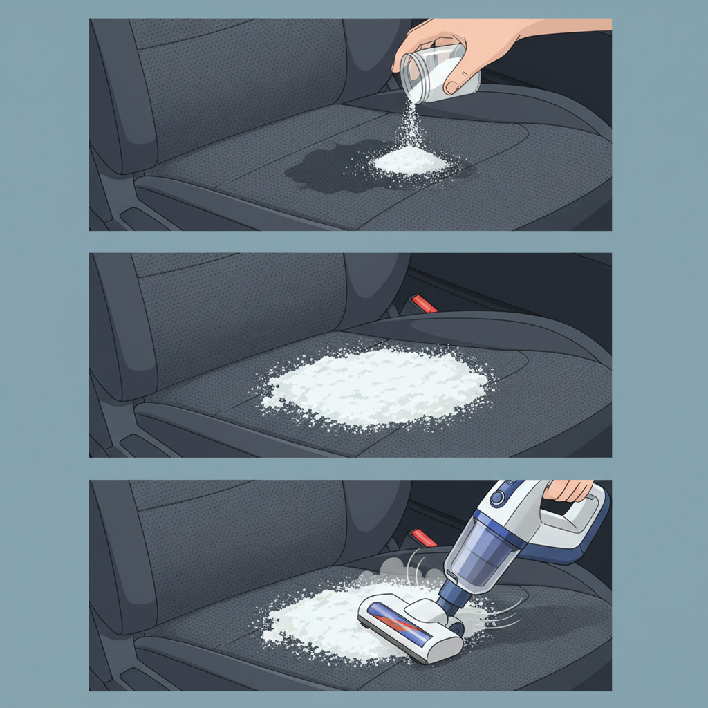 An infographic style illustration depicting the process of removing a grease stain from a fabric car seat using baking soda. The illustration features three distinct, sequential panels or visual sections. The first panel shows a close-up of a fabric car seat with a visible grease stain, and a hand is gently sprinkling white powder (baking soda) onto the stain. The second panel shows the stain completely covered by the white powder, which appears to have settled and started absorbing the grease. The third panel displays a small, handheld vacuum cleaner hovering over the powdery stain, poised to suction away the residue. The overall style is clean, modern, and easily understandable.
