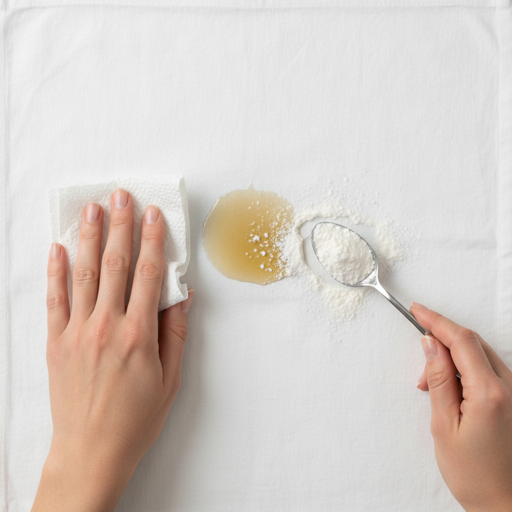 A bright, professional flat lay photo showing a close-up of a white cotton fabric with a prominent, dark grease stain. Gentle hands, with neat fingernails, are carefully dabbing the fresh stain with a crumpled piece of white paper towel. Next to this action, a small, pristine pile of white absorbent powder (like cornstarch or baking powder) is being delicately sprinkled over a separate part of the stain, demonstrating the initial steps of stain removal. The background is clean and minimalistic, focusing solely on the interaction with the fabric.