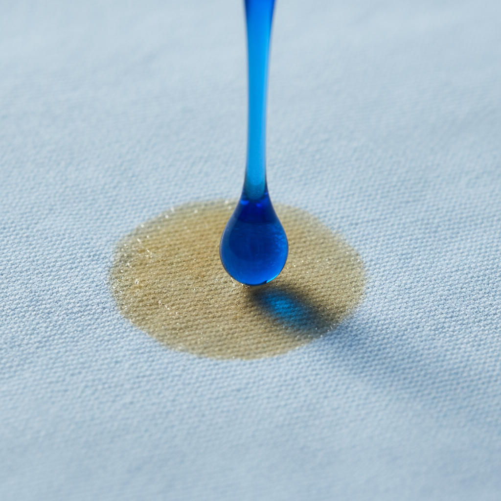 A vibrant, practical close-up photo focusing on a stubborn, set-in grease stain on a light-blue cotton fabric. A single, distinct drop of concentrated blue dish soap is falling directly onto the center of the greasy spot, illustrating the application of the cleaning agent. Surrounding the drop, the fabric shows a slight, subtle visual indication of the soap beginning to interact with and encapsulate the grease, hinting at the dissolving process. The lighting is crisp and highlights the texture of the cotton and the soap.