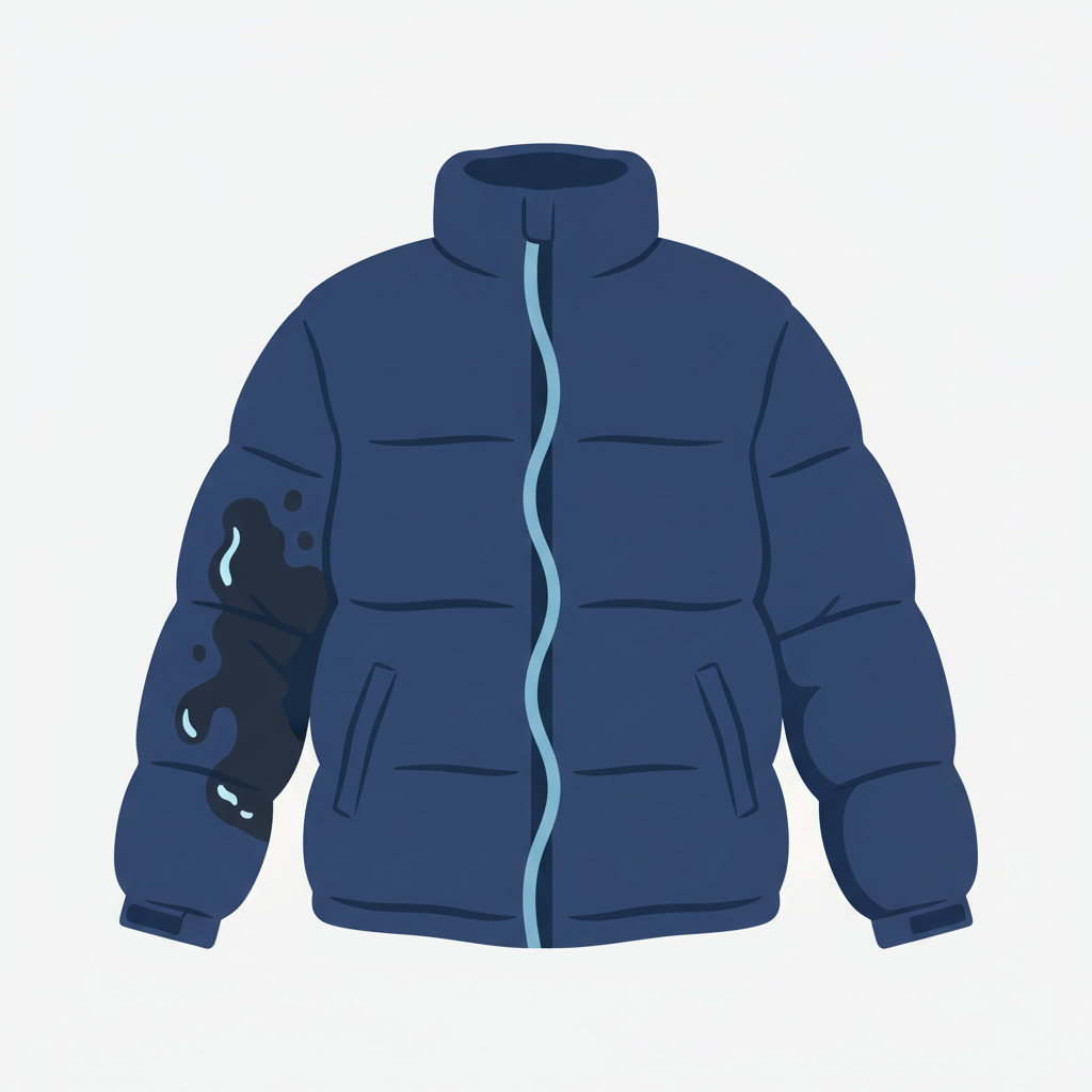A modern, minimalist flat illustration showing a fluffy, dark blue down jacket. On the left side of the jacket, there's a distinct, shiny grease stain, making the fabric look matted and discolored. The right side of the jacket, however, is perfectly clean, with visible fluffiness and texture, emanating a sense of freshness and newness. A subtle, light glow or clean streak subtly separates the stained and clean halves, symbolizing the cleaning process. The background is simple and clean, focusing entirely on the jacket.