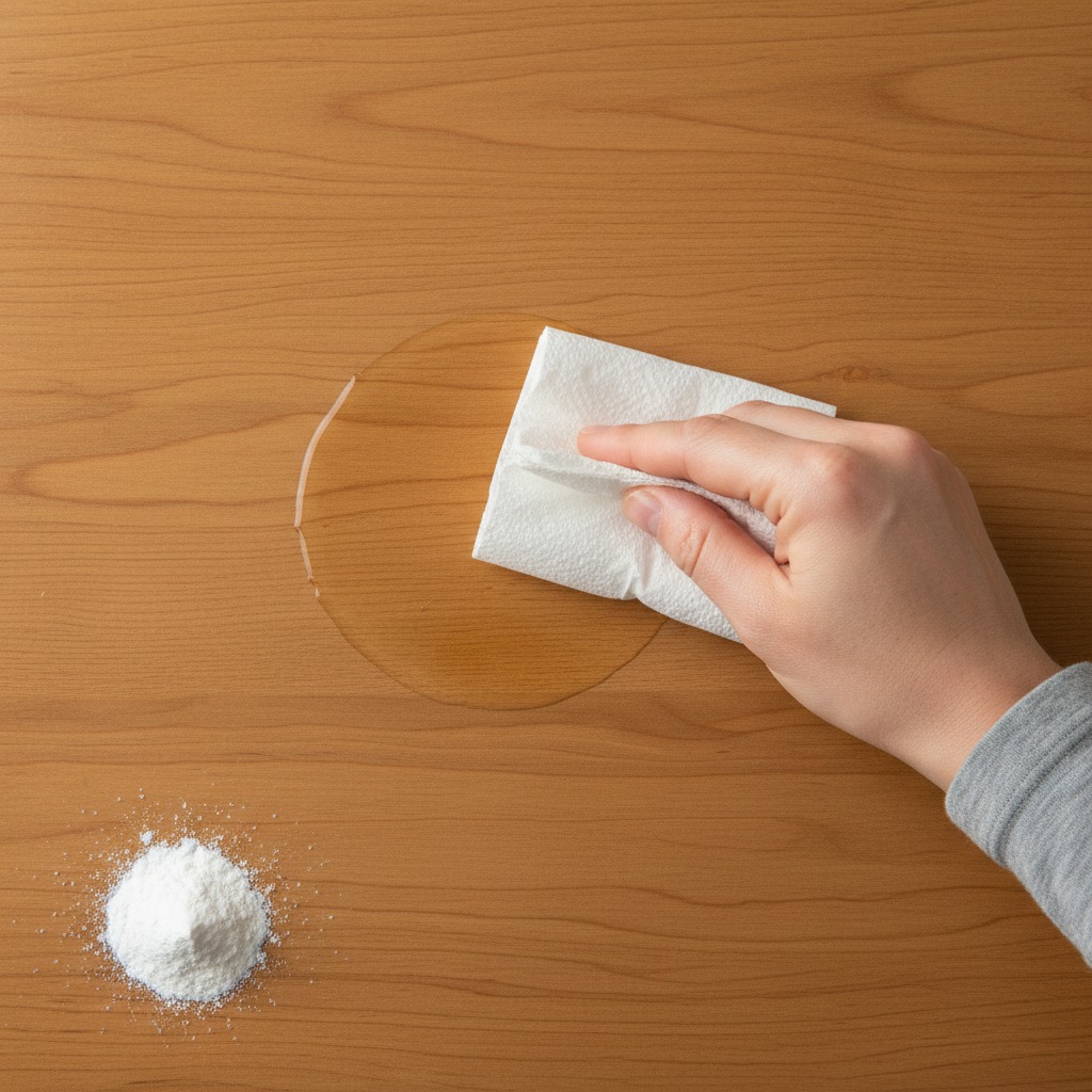A close-up, top-down professional photo showing a rich, warm-toned wooden table surface with a small, fresh, glistening grease stain. A hand, reaching into the frame, is gently dabbing the outer edge of the stain with a pristine white paper towel. In the foreground, a small mound of white, powdery substance like cornstarch or baking soda is visible, subtly suggesting the next step of application. The focus should be on cleanliness and immediate action, with soft, natural lighting highlighting the wood's texture and the contrast with the stain.