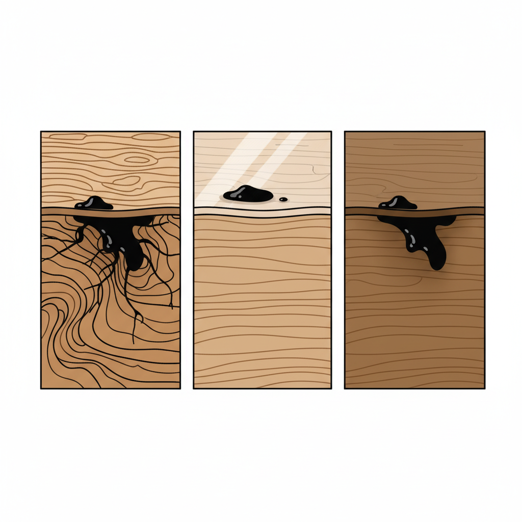 An infographic-style illustration depicting a conceptual cross-section of a wooden table surface. The illustration should show three distinct vertical segments side-by-side, each representing a different wood finish. The first segment, showing bare wood, displays visible wood grain with a dark, amorphous grease blob deeply penetrating the fibers. The second, depicting lacquered wood, shows a smooth, glossy protective top layer with a smaller grease blob mostly resting on the surface, only slightly absorbed. The third, representing oiled wood, exhibits a subtle, slightly darker finish with grease appearing somewhat diffused but less deeply embedded than in the untreated section. Use clean lines and a clear visual distinction between wood and grease for easy comprehension.