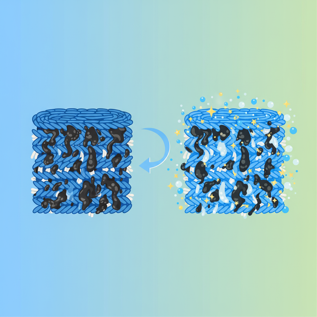 An infographic-style illustration detailing the interaction of grease with denim fibers. On the left side, a close-up, stylized cross-section of blue denim fabric shows dark, oily globules deeply absorbed and intertwined within the visible cotton threads. On the right side, separated by a subtle, upward-pointing arrow, the same denim fibers appear much cleaner, with the grease particles visibly dissolving and lifting away from the fabric, perhaps surrounded by abstract cleaning molecules. The overall aesthetic is clean, scientific, and explanatory, using a vibrant color palette.