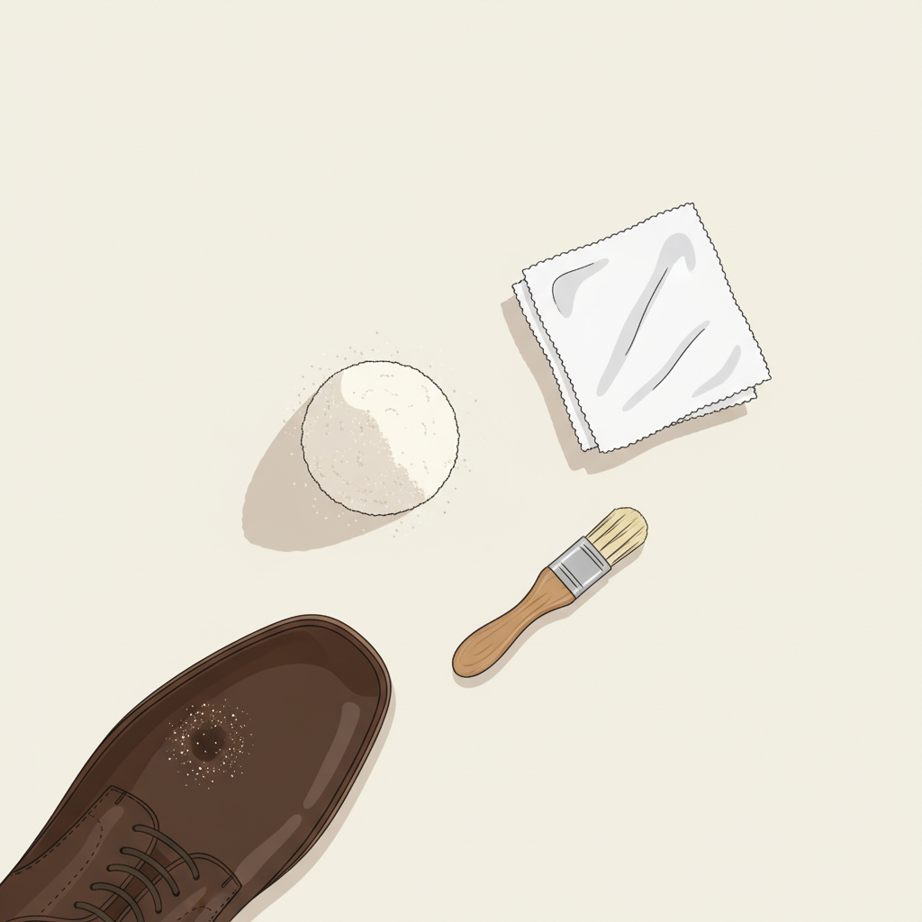 An overhead, stylized flat illustration depicting an assortment of essential items for grease stain removal from leather shoes. On a clean, light background, neatly arranged elements include a small, fine pile of light-colored absorbent powder, a soft, white cotton cloth, and a small, delicate brush. A subtle hint of a dark leather shoe (perhaps a toe or heel) is visible at the edge of the frame, providing context without being the main focus. The style is minimalist, clean, and inviting, with clear outlines and gentle shadows.