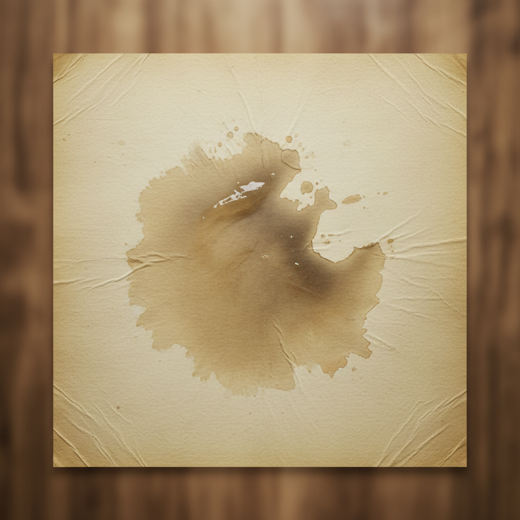 A close-up, high-angle shot of a slightly aged paper document or an old photograph, clearly displaying a noticeable, translucent grease stain in its center. The stain subtly distorts the underlying paper texture and discolors the area, conveying a sense of damage. The background is softly blurred, keeping the focus entirely on the stained paper. Professional photo style, with a shallow depth of field, emphasizing the delicate texture of the paper and the visible sheen of the grease, suggesting a need for careful restoration.