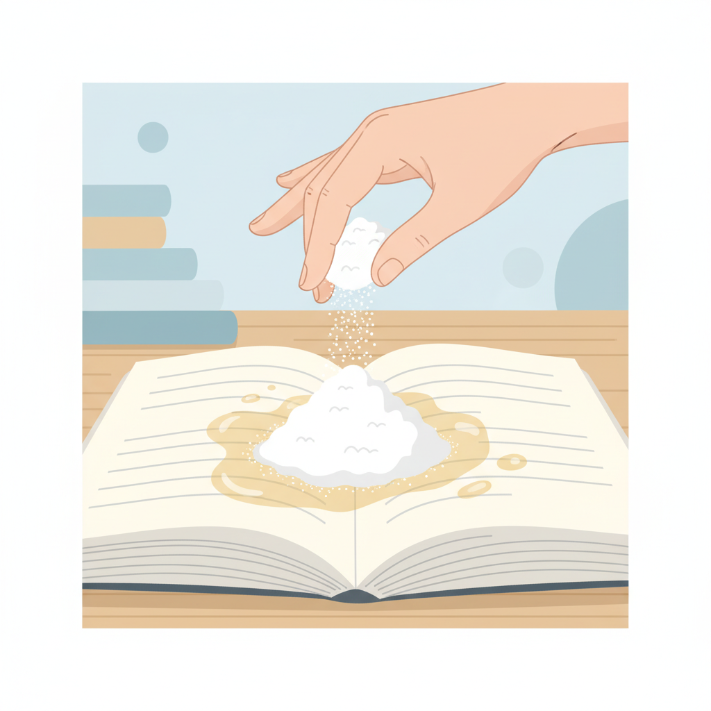 An illustrative scene depicting the immediate treatment of a fresh grease stain on a piece of paper. A clean, gentle hand is carefully sprinkling a generous amount of fine white powder, resembling cornstarch or baby powder, directly onto a visible, fresh grease stain on an open book page or an important document. The powder lightly covers the stain, subtly hinting at the absorption process beginning. The surrounding environment is tidy and focused on the task. Flat illustration style, with soft, clean colors and clear, simple shapes, emphasizing the careful action and the contrast between the white powder and the paper.