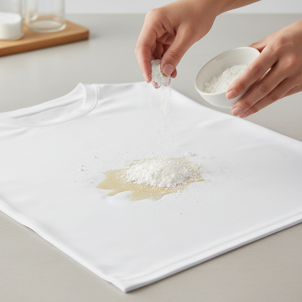A high-quality, bright studio photograph showing a close-up, top-down view of a light-colored polyester fabric, such as a white shirt or tablecloth, with a visible, fresh grease stain. A pair of hands is carefully sprinkling a white, absorbent powder (like cornstarch or baking soda) directly onto the stain, ensuring even coverage. A subtly blurred background implies a clean workspace, emphasizing the practical, step-by-step process of initial stain treatment.