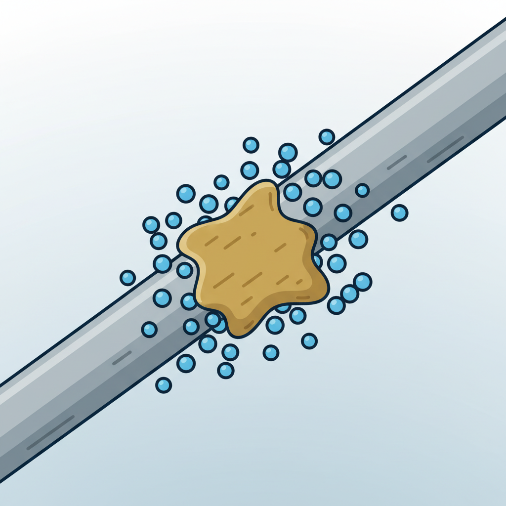 A modern, clean flat illustration depicting a magnified, conceptual view of a polyester fiber interacting with a grease stain. A smooth, stylized synthetic fiber, rendered in shades of grey, has a distinct, irregular yellow-brown blob representing grease firmly attached to its surface. Surrounding the fiber and grease are small, blue, spherical shapes representing water molecules, visibly being repelled or unable to fully encapsulate and lift the grease, highlighting the hydrophobic challenge of removing grease from polyester.