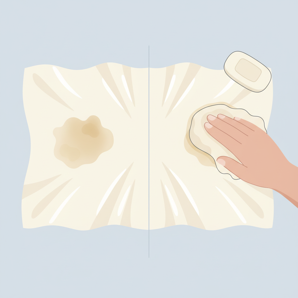 A clean, minimalist flat illustration depicting the delicate process of treating a stubborn grease stain on silk. One side shows a swatch of flowing silk fabric with a distinct, but not overwhelming, grease mark. On the other side, a small, subtle representation of a bar of gall soap or liquid gall soap is shown next to a gentle fingertip or a soft, damp cloth carefully dabbing or applying the product onto the stain. The overall aesthetic should convey gentleness and care, using soft, muted colors suitable for an infographic style.