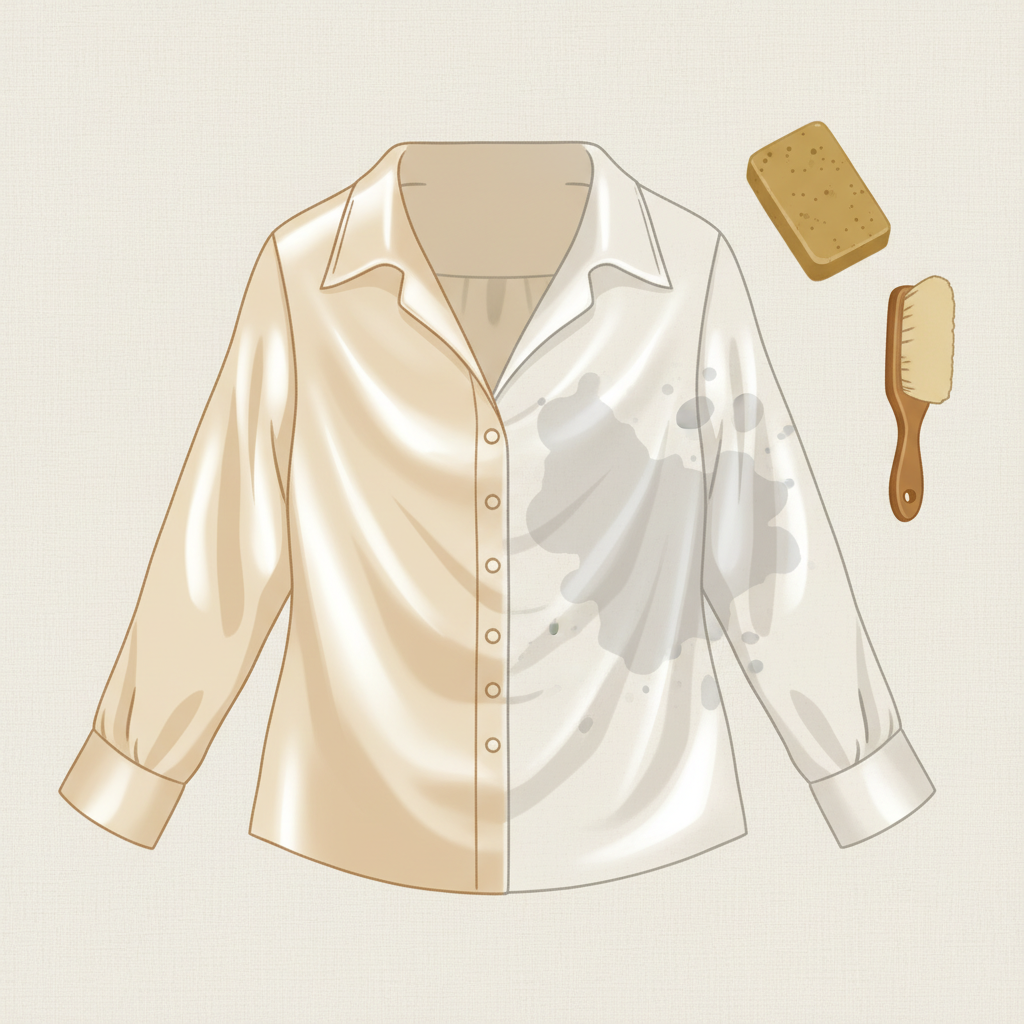 A modern flat illustration depicting a beautifully draped silk blouse, with one section appearing pristine and gleaming, and an adjacent section subtly showing a stylized, light gray grease stain that is visibly fading away, illustrating the concept of successful removal. Artfully arranged beside the blouse are essential cleaning tools: a simple bar of yellow-brown soap (suggesting gall soap) and a soft-bristled brush. The color palette should be elegant and muted, conveying a sense of gentle yet effective restoration and care for delicate fabrics.
