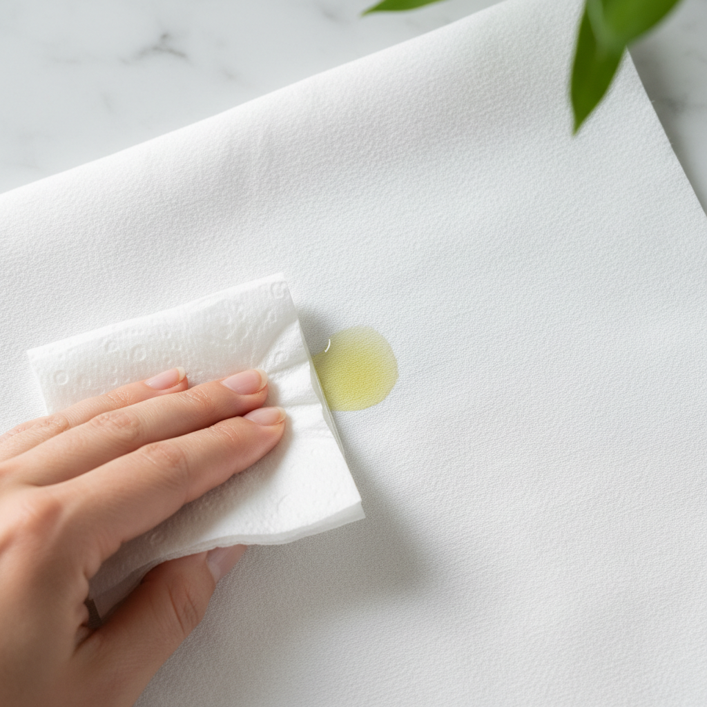 A close-up, high-angle professional photo shows a small, fresh olive oil grease stain on a pristine white cotton shirt. A gentle hand, neatly manicured, is dabbing the stain with a plain, white paper towel, absorbing the excess oil. The focus is sharp on the stain and the hand, with a subtly blurred background suggesting a modern kitchen counter. The lighting is bright and natural, highlighting the texture of the fabric and the slight sheen of the oil. The scene conveys immediate, effective action against a common household mishap.