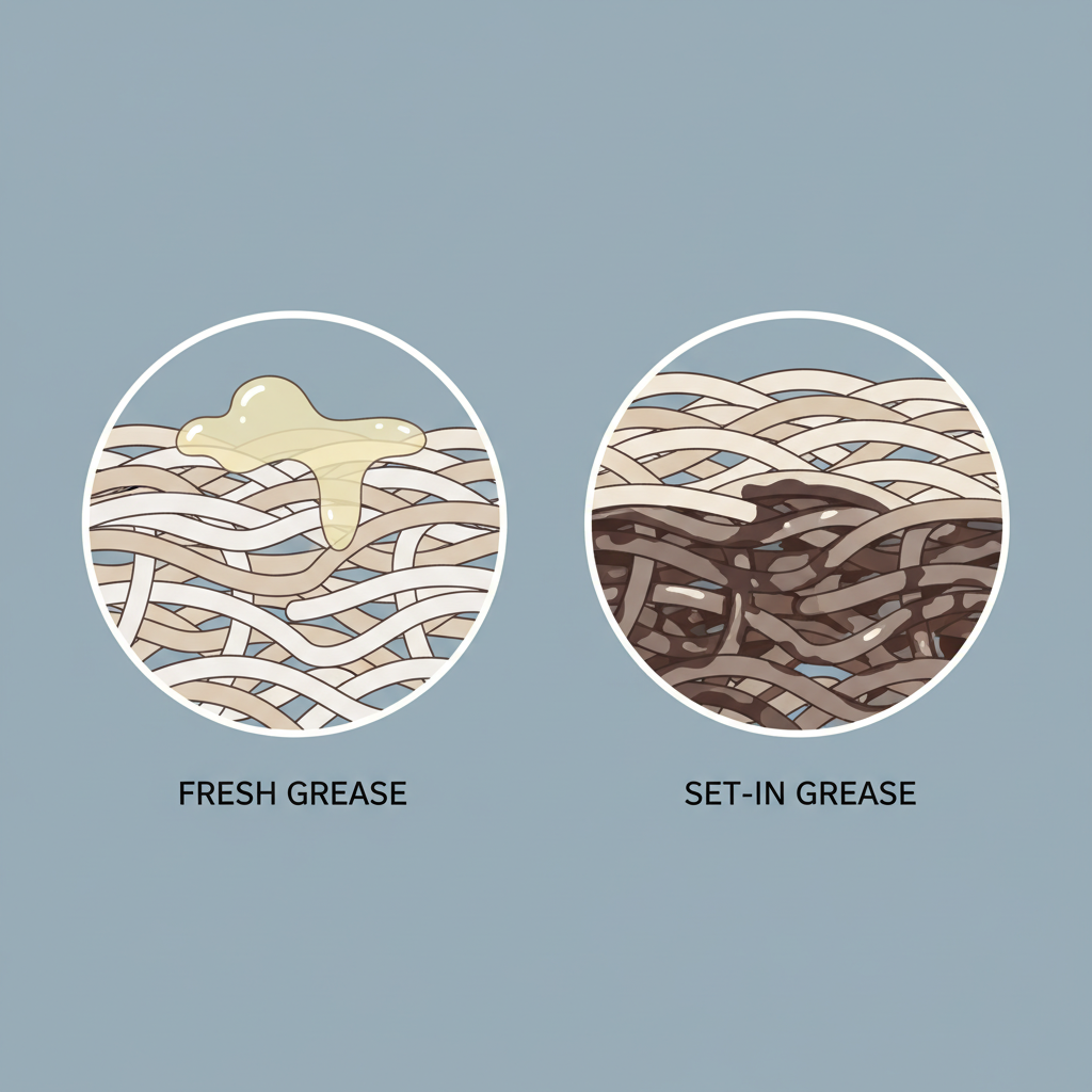 An infographic-style illustration contrasting the penetration of grease into fabric over time. On the left, a magnified cross-section of fabric fibers shows a fresh, yellowish-transparent grease droplet resting primarily on the surface. On the right, a similar cross-section shows a deeper, darker grease stain fully embedded and intertwined within the fabric fibers. The illustration uses clean lines and a soft color palette, with an emphasis on clarity and scientific accuracy in depicting the microscopic interaction between fat and fabric.
