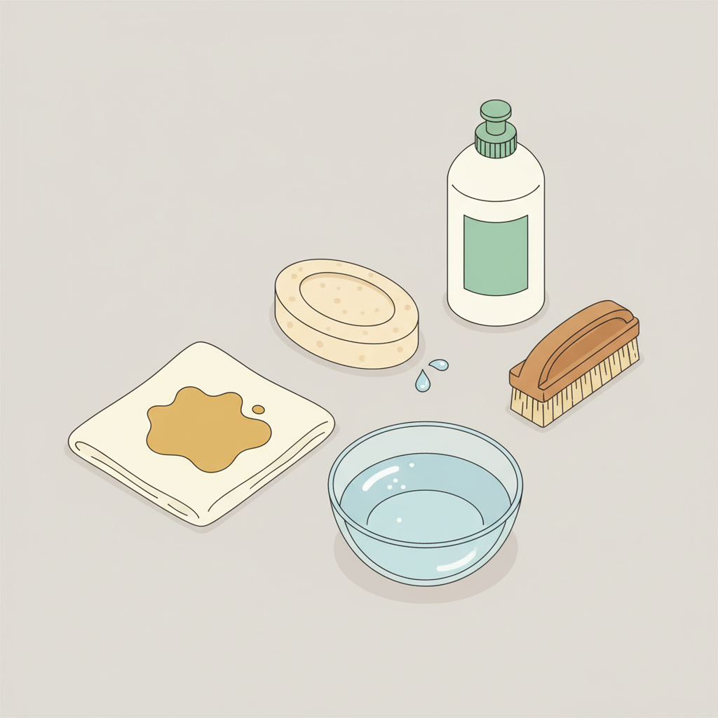 A clean, modern flat illustration depicting a collection of common household items used for grease stain removal, arranged neatly on a light, neutral surface. Prominently featured are a bar of traditional gallseife (bile soap) and a generic bottle of liquid dish soap. Alongside these, include a small, soft-bristle brush, a small, transparent bowl of water, and a folded piece of white or light-colored cloth with a subtle, stylized brown or yellow grease stain on it. The illustration should use a friendly color palette and clear lines, emphasizing practicality and ease of use, with no unnecessary clutter.