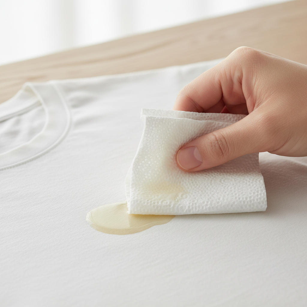 A bright, professional close-up photo of a hand gently dabbing a fresh, wet grease stain on a light-colored fabric (like a white t-shirt or tablecloth) with a folded piece of white kitchen paper or paper towel. The grease stain should appear slightly glossy and distinct against the fabric. The focus is on the careful blotting action, avoiding rubbing, with the background slightly out of focus to highlight the immediate treatment of the stain. Emphasize a clean, helpful aesthetic.