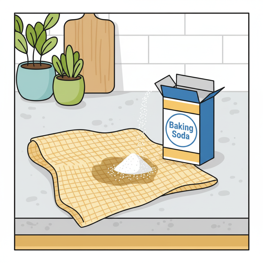 A clean, vibrant flat illustration depicting a common household kitchen counter scene. In the center, a light-colored fabric (e.g., a casual shirt or kitchen towel) has a visible, rounded grease stain. A small, open container of baking soda is positioned nearby, with a gentle stream of white powder being sprinkled directly onto the grease stain. The overall aesthetic should be bright and encouraging, showcasing a simple, effective home remedy for textile care.