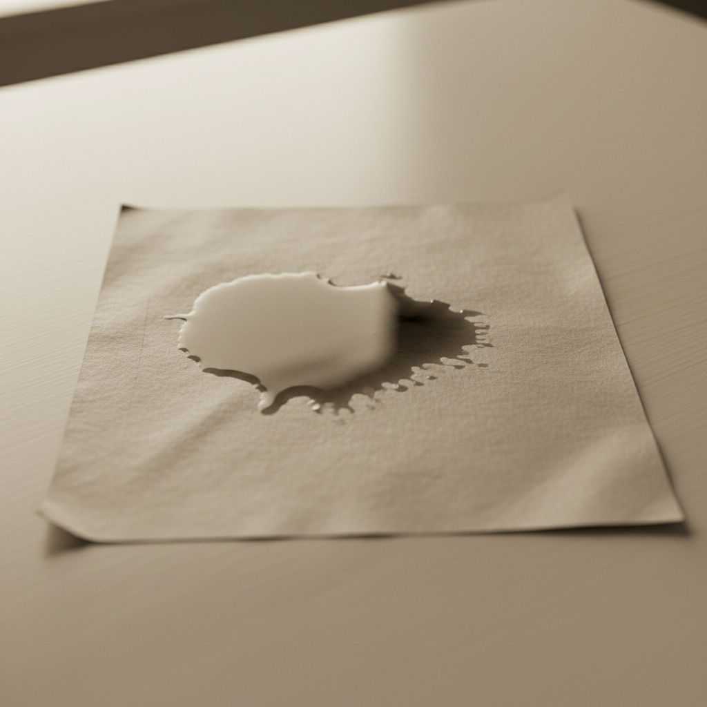 A close-up, high-angle shot of an important-looking document or a vintage photograph lying on a clean, light-colored surface. A noticeable, translucent grease stain darkens a significant portion of the paper, illustrating the core problem the article addresses. The paper shows subtle texture, and the stain has the characteristic irregular, spreading appearance of absorbed oil. The image conveys the frustrating nature of such damage, hinting at the integrity of the document being compromised. Professional photo style with natural lighting and a shallow depth of field, focusing on the stain.