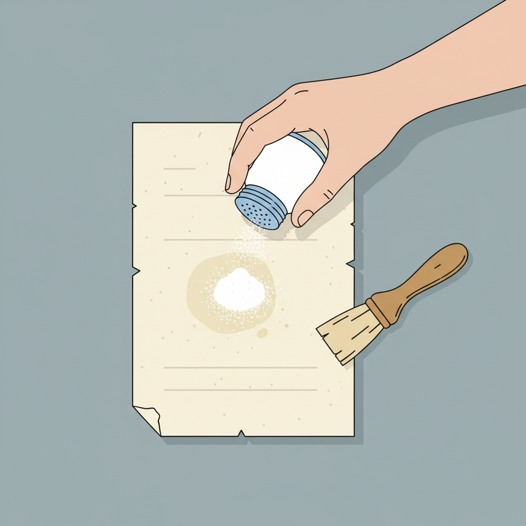 An overhead flat illustration depicting the first step of grease stain removal using powder. A clean, outstretched hand holds a small container, gently sprinkling a fine, white powder (like cornstarch or baby powder) onto a visible, prominent grease stain on a piece of light-colored paper. The paper, perhaps a page from a book or an important document, rests on a neutral background. A small, soft-bristle brush is positioned nearby, ready for the next stage. The scene is bright and clear, emphasizing the process. Flat illustration style with clean lines and a modern, helpful aesthetic.