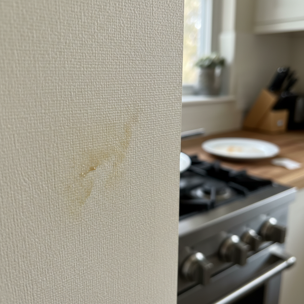 A close-up, professional photograph of a section of light-colored, slightly textured wallpaper in a home kitchen. A subtle, translucent yellowish-brown grease stain is visible, originating from an area suggesting cooking activity or accidental splashes, subtly spreading across the wallpaper. The background is softly blurred, hinting at kitchen elements like a stovetop or dining area, without specific details. The image captures the common problem of everyday grease stains, emphasizing the challenge on a delicate surface. The lighting is soft and natural.