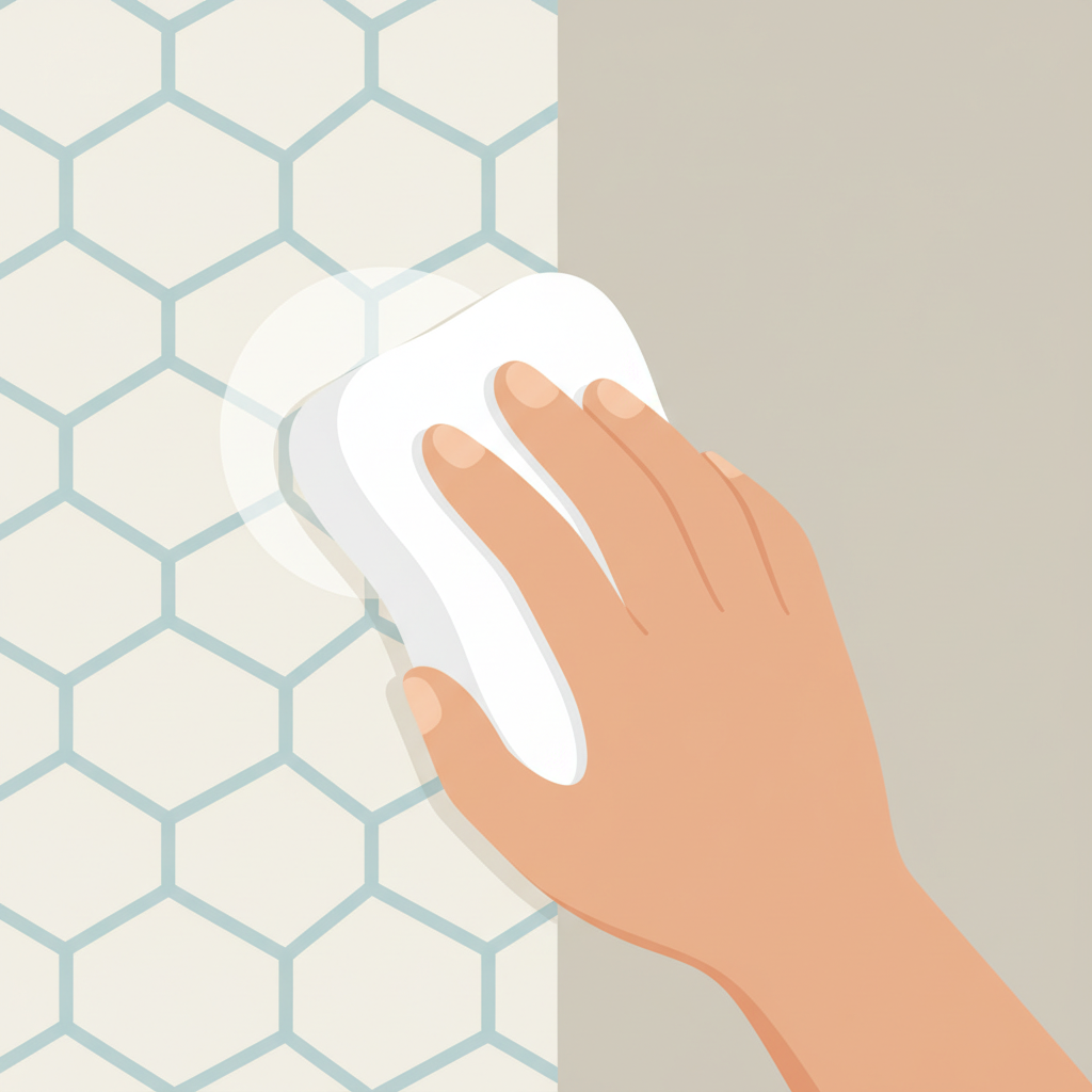 A clean, modern flat illustration depicting a hand (ethnically neutral) gently dabbing a small, subtle grease stain on a section of patterned wallpaper with a soft, clean white cloth or sponge. The wallpaper pattern is simple and repeatable, suggesting a general household setting. The background is a solid, neutral color, ensuring the focus remains entirely on the hand and the cleaning action. The scene conveys a gentle, effective method of stain removal, with the cleaned area appearing slightly brighter than the surrounding stain.