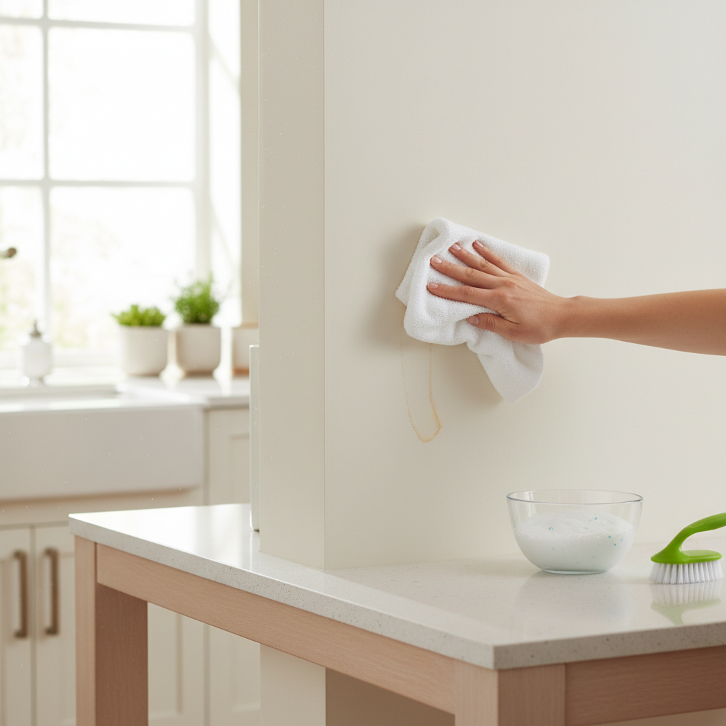 A professional photo of a modern, bright kitchen scene. A light-colored wall features a subtle, light brown grease stain, possibly near an implied stovetop (out of frame). A person's hand, holding a soft, damp cleaning cloth, is gently wiping the stain. A small, transparent bowl containing a foamy cleaning solution is visible on a nearby counter or shelf. The focus is on the careful, methodical action of cleaning the wall, conveying a sense of progress and efficacy. The overall aesthetic is clean and inviting, with natural light.
