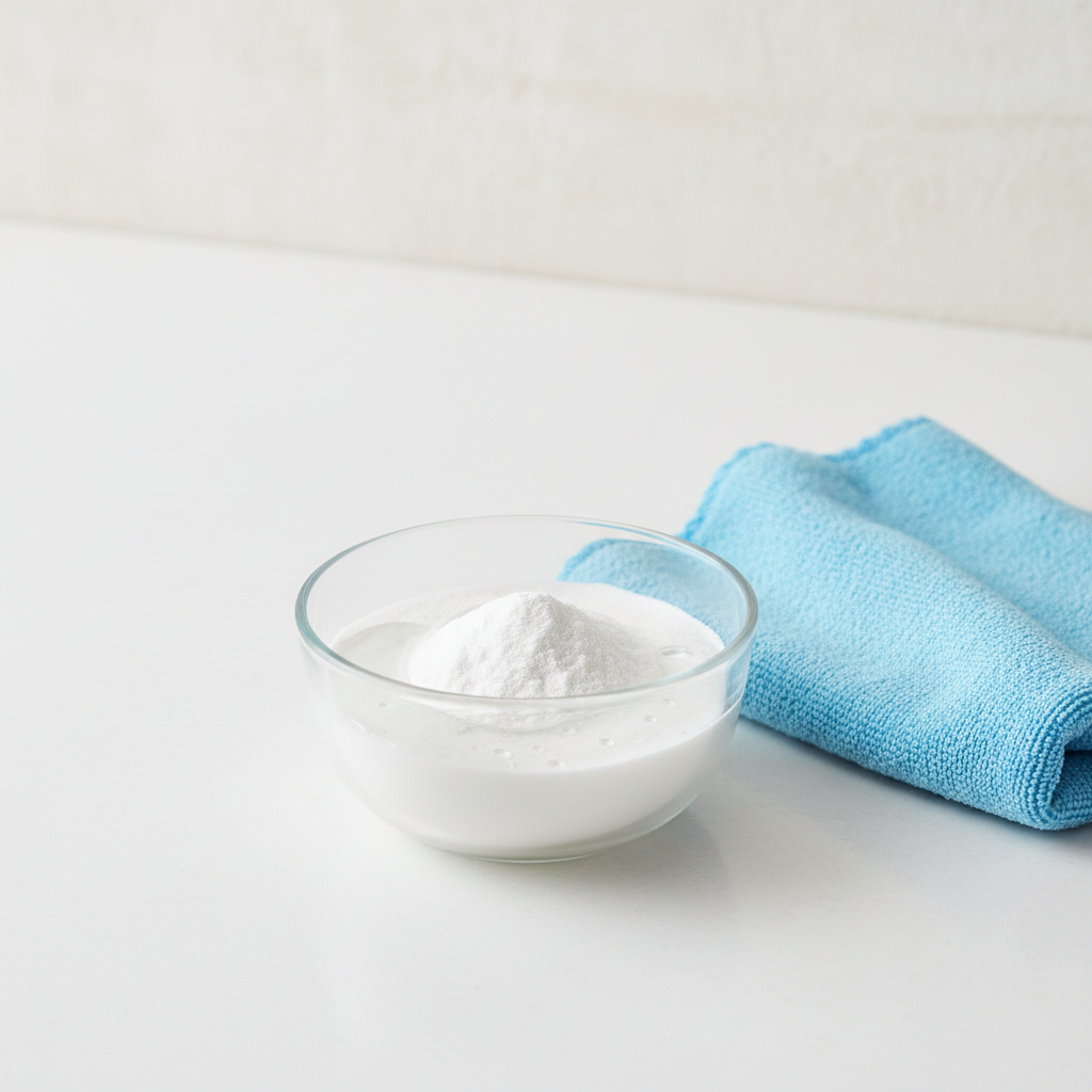 A close-up, elevated shot in a clean, bright setting. A small, clear bowl contains a white powdery substance (resembling baking soda) with a few drops of water being added or recently added, indicating the creation of a paste. Next to the bowl, a small, soft sponge or a folded microfiber cloth lies ready for application. The background features a subtly blurred, light-colored wall texture, reinforcing the context of wall cleaning. The image has a clean, minimalist studio photo style with bright, natural lighting.