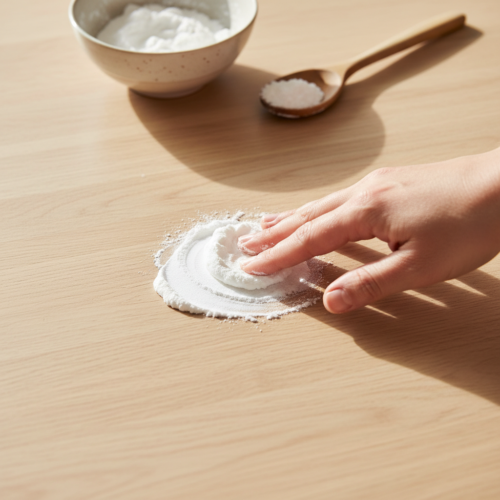 A close-up, top-down professional photo showing a pair of hands gently spreading a thick, white baking soda paste onto a specific, slightly darkened grease stain on a polished, light-colored wooden kitchen countertop. The wood grain is clearly visible and pristine around the stain. In the background, slightly out of focus, are a small mixing bowl with more paste and a wooden spoon. The lighting is bright and natural, emphasizing cleanliness and the cleaning action.