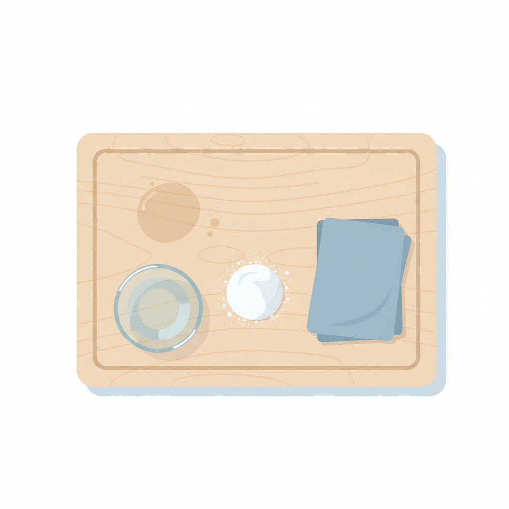 A clean, modern flat illustration depicting a pristine, smooth wooden surface, with a small, subtly oily dark spot indicating a grease stain. Next to the stain, arranged neatly, are a small pile of white baking soda powder, a clean, folded microfiber cloth, and a clear glass bowl containing a small amount of clear water. The style should be minimalist, with soft shadows and a bright, inviting color palette, suggesting readiness for cleaning without showing any actual scrubbing.