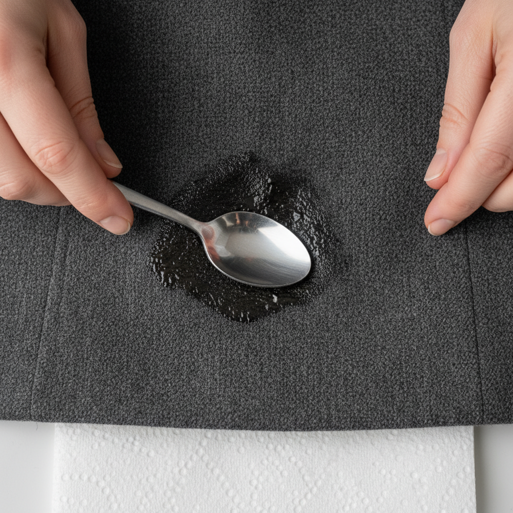 A close-up, high-angle professional photo of a stubborn grease stain on a dark grey fabric jacket. The stain appears oily and slightly spread, contrasting against the fabric texture. A pair of hands, with clean fingernails, are gently using the edge of a small, blunt, silver spoon to carefully lift or scrape off excess grease from the center of the stain. Below the jacket, partially visible, is a crisp white absorbent paper towel, ready to catch any residue. The overall mood is focused and meticulous, highlighting the precision needed for the initial preparation stage.
