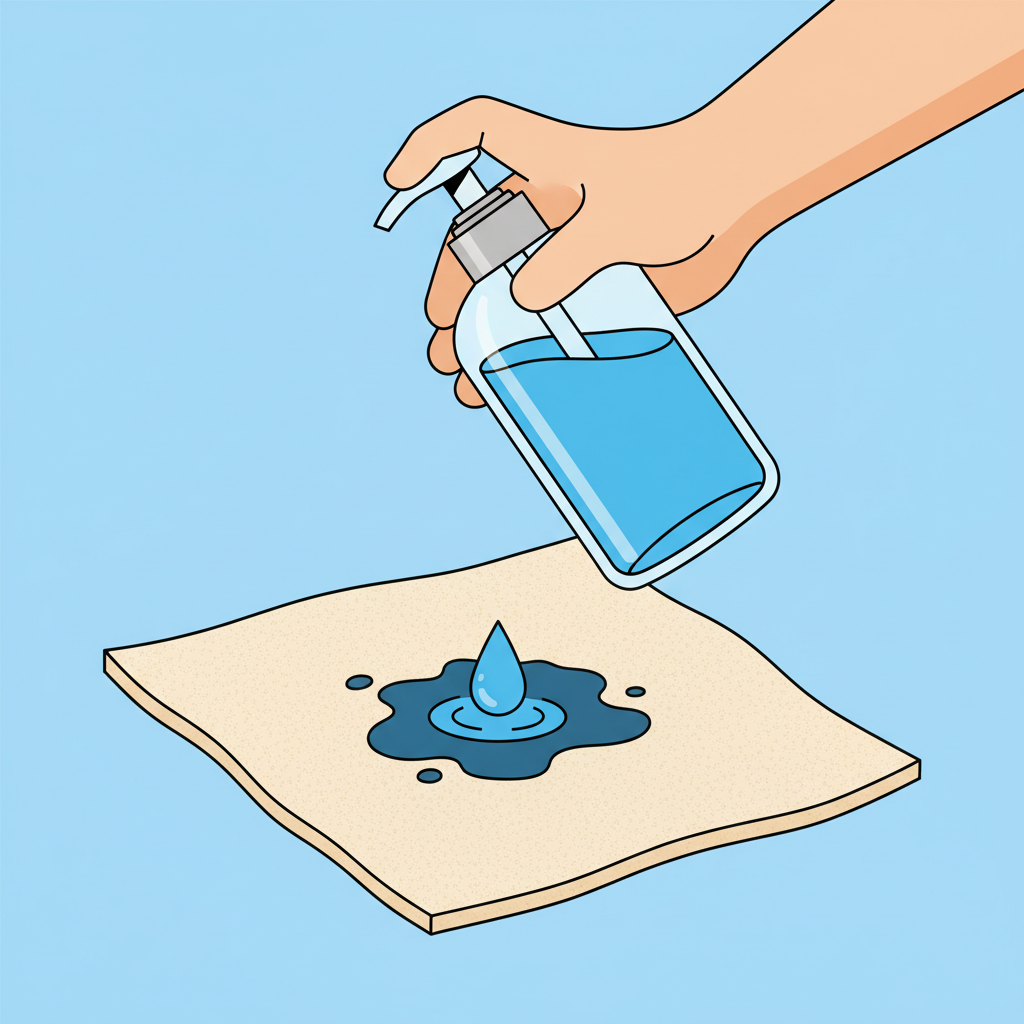 A vibrant flat illustration depicting the application of dish soap onto a fabric grease stain. The illustration shows a section of a light-colored fabric (e.g., beige or light grey cotton) with a noticeable dark, circular grease stain. A stylized hand from the top is gently squeezing a modern-looking, sleek bottle of liquid dish soap, causing a small, translucent blue drop to fall directly onto the center of the grease stain. The background is simple and clean, emphasizing the direct action and the start of the cleaning process.