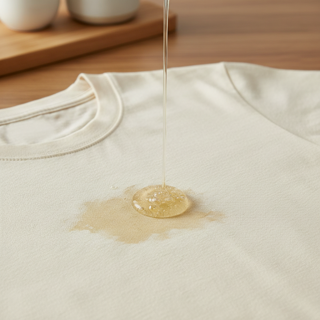 A close-up, high-angle professional photo of a stubborn grease stain on a light-colored fabric, possibly a cotton t-shirt. A small stream of clear, viscous liquid, symbolizing dish soap, is being carefully applied directly onto the center of the stain. The liquid begins to spread slightly, starting the process of emulsification. The background is a soft-focus, minimalist home setting, like a wooden countertop. The lighting is bright and even, highlighting the texture of the fabric and the liquid's effect, conveying a sense of practical action and solution.
