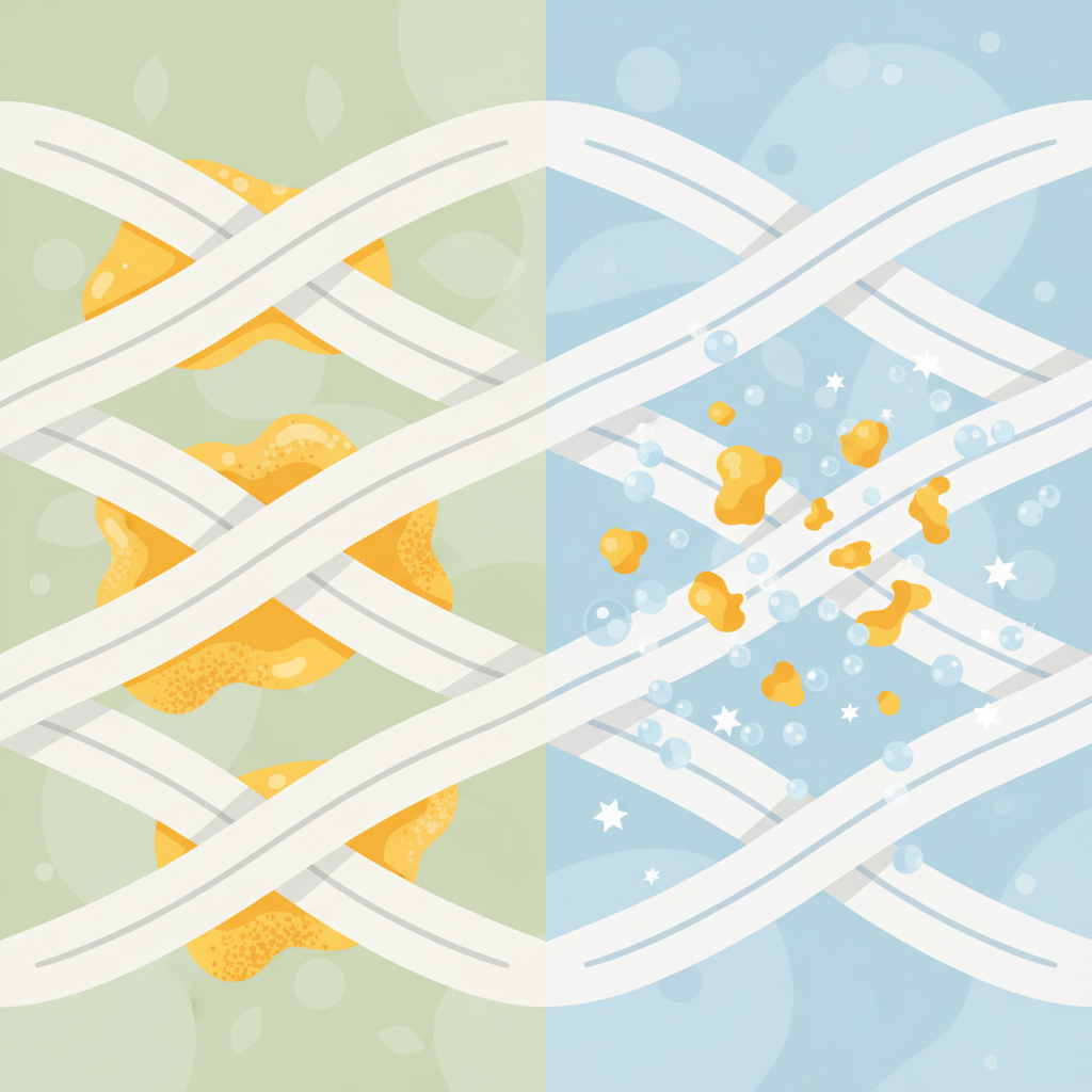 A clean, modern flat illustration divided into two conceptual sections. The left section visually represents a fabric's weave with yellow-orange blobs deeply embedded between the fibers, symbolizing stubborn grease. The right section shows the same fabric weave, but now the yellow-orange blobs are either dissolving, being lifted, or encapsulated by small, dynamic cleaning particles, appearing much smaller and less dense, indicating their removal. Subtle background elements could suggest various natural cleaning agents without specific product labels. The overall aesthetic should be bright and informative, conveying transformation.