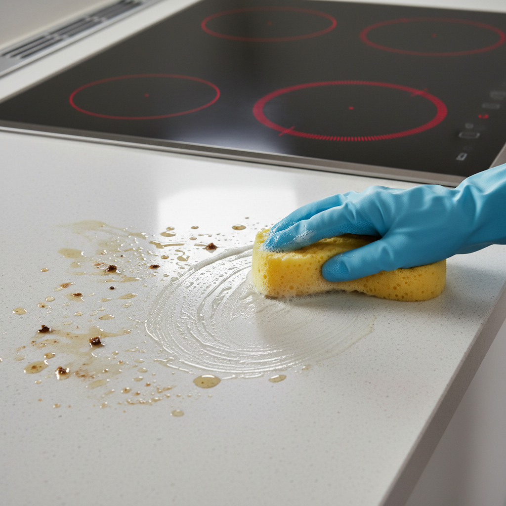 A bright, realistic professional photo depicting a modern kitchen counter with a stovetop in the background. Scattered across a light-colored countertop are several visible, oily grease splatters, some appearing fresh and liquid, others more dried and dark, indicating stubbornness. Next to these stains, a hand in a light blue rubber glove gently wipes a clean section with a damp sponge, leaving a sparkling, pristine area behind. The scene conveys both the common problem of kitchen grease and the effectiveness of cleaning. No faces are visible, focusing solely on the hands and kitchen surfaces.