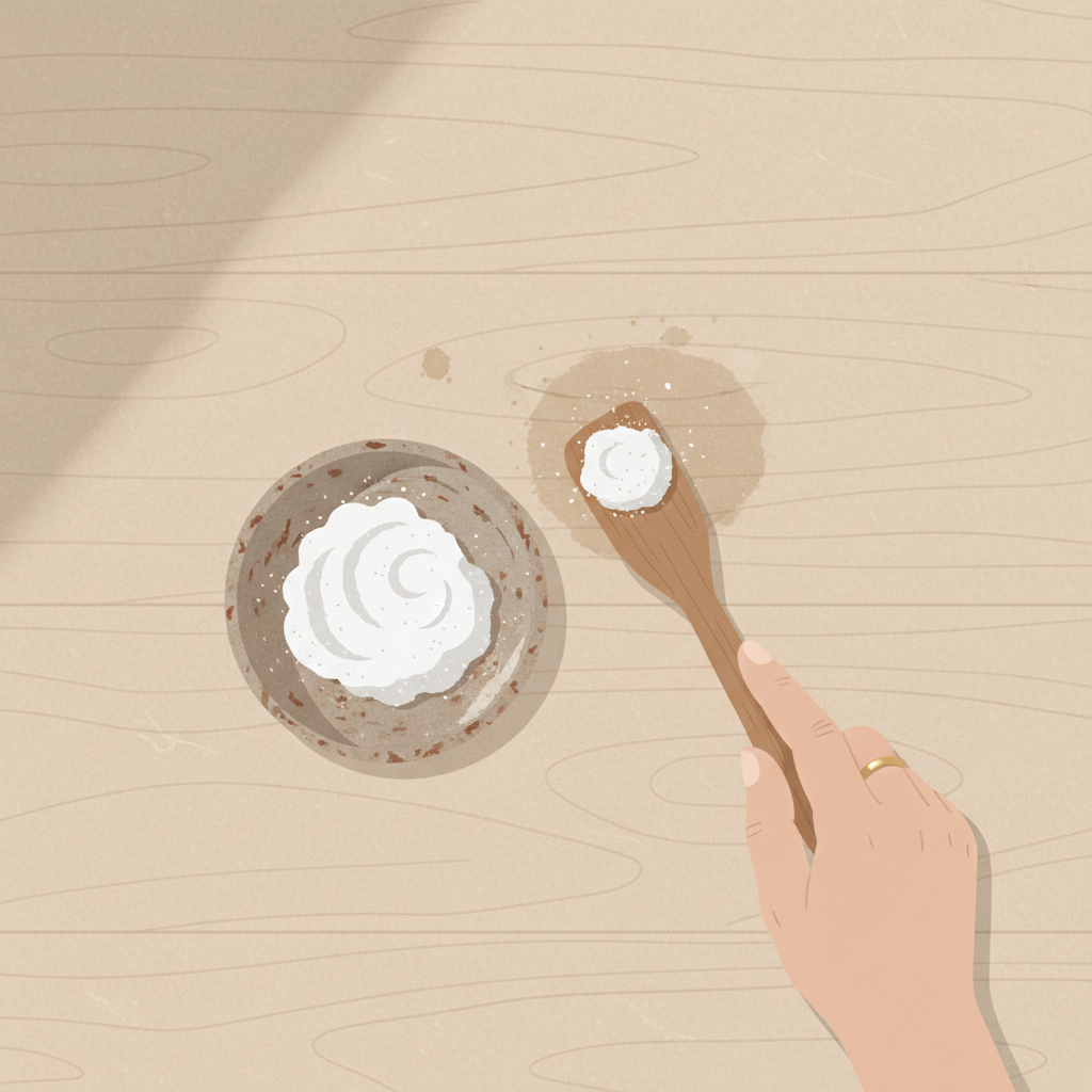 A close-up, top-down view of a light wooden kitchen countertop with a few visible, embedded grease stains. On the countertop, next to one of these stains, sits a small, rustic ceramic bowl filled with a white, slightly granular paste, representing baking soda and water. A hand, wearing a simple wedding band, is in the process of gently applying a dab of this paste directly onto a grease stain using a small, clean spatula. The lighting is natural and soft, highlighting the texture of the wood and the paste. The style is a clean, minimalist flat illustration with a slightly textured finish, focusing on the specific cleaning method.