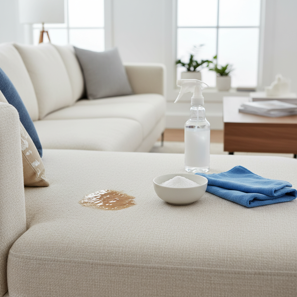 A vibrant, professional photo of a modern living room setting, focusing on a comfortable, light-colored microfiber couch. A prominent, realistic grease stain is visible on one of the cushions. Arranged neatly beside the stained area are common cleaning items: a small bowl of white powder (e.g., baking soda or cornstarch), a soft, clean microfibre cloth, and a spray bottle with a clear liquid. The image should convey a sense of a common household problem being addressed with simple, accessible solutions, maintaining a clean and inviting aesthetic.