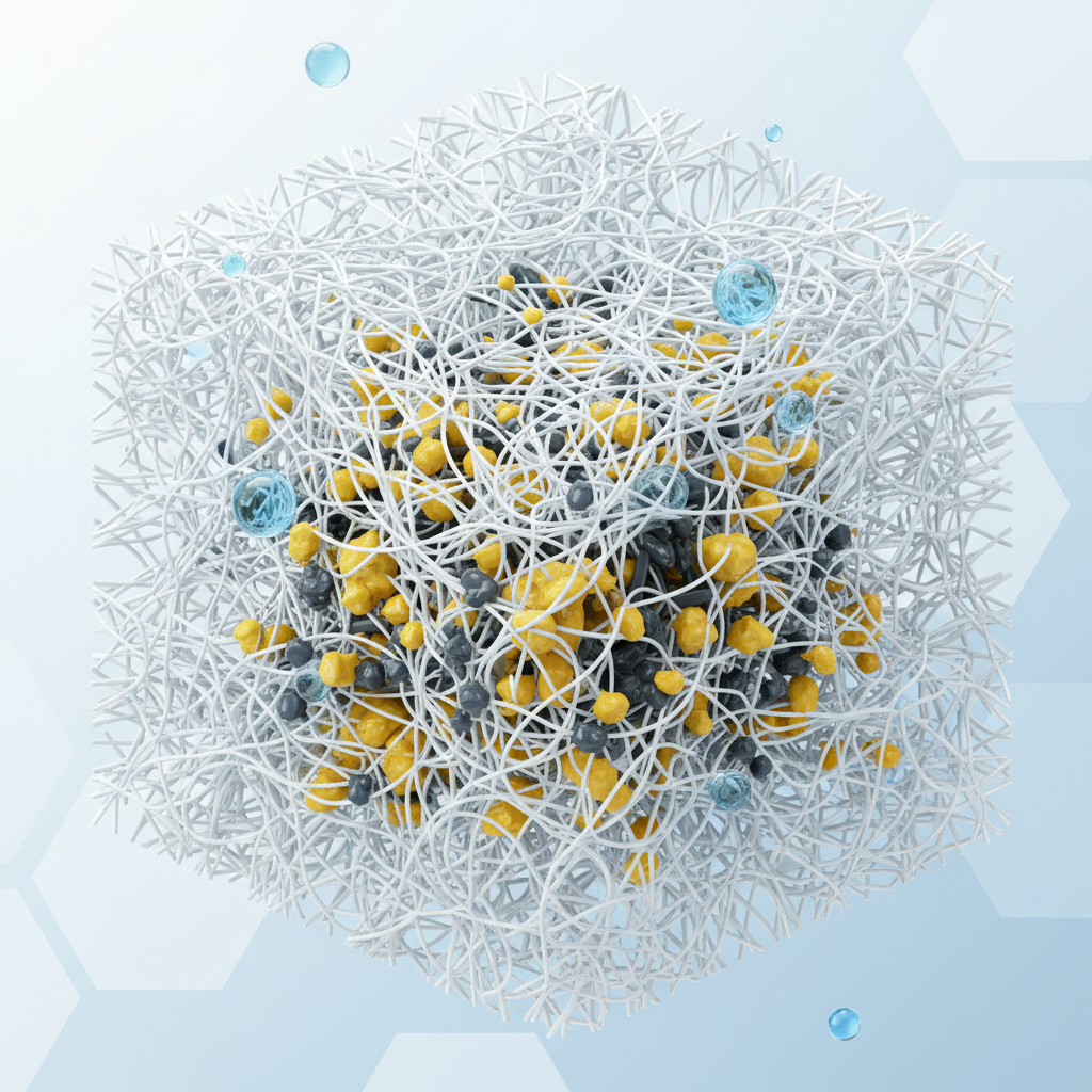 A visually engaging, scientific infographic illustration depicting a magnified, cross-sectional view of microfiber fabric. Show the intricate, dense network of ultra-fine synthetic fibers. Within this fibrous structure, illustrate numerous small, irregularly shaped yellow or dark grey particles representing grease, deeply embedded and entangled among the fibers. Emphasize how these particles are trapped, illustrating their deep penetration. A few small, clear blue spheres (water molecules) are shown bouncing off or failing to penetrate the grease-fiber complex, highlighting the difficulty of water-based cleaning. The overall style should be clean and informative.