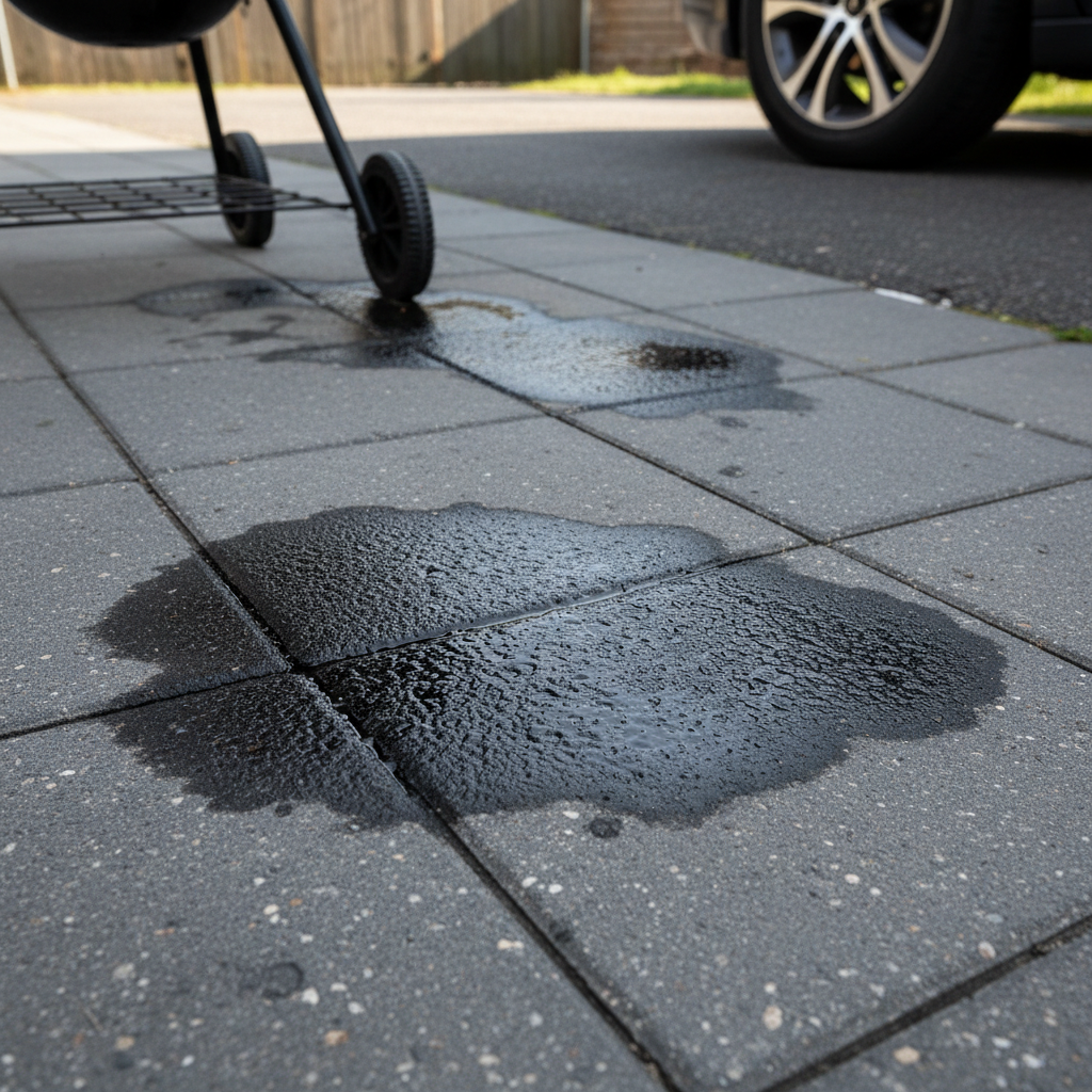 A professional photo capturing a section of outdoor grey paving stones. The foreground clearly displays several prominent, dark, and irregularly shaped grease stains that mar the surface. In the background, slightly blurred, hints of common activities causing such stains can be subtly recognized, like the leg of a barbecue grill or the corner of a car tire on an asphalt driveway. The overall lighting is natural and bright, accentuating the stark contrast between the clean stone and the unappealing greasy marks, conveying the visual impact of the problem.