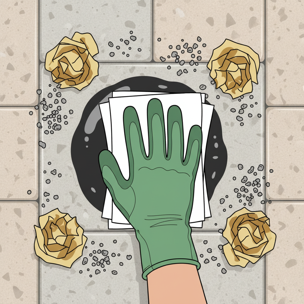 A flat illustration from an overhead perspective showing a human hand (without specific racial features) wearing a gardening glove, firmly pressing a stack of white paper towels onto a fresh, visible dark oil or grease stain on a light-colored, textured paving stone. Around the primary stain, a few pieces of already used, oil-saturated paper towels and some scattered absorbent granules, like cat litter, are depicted, illustrating the immediate absorption process. The scene is clean and focused, highlighting the practical action being taken.