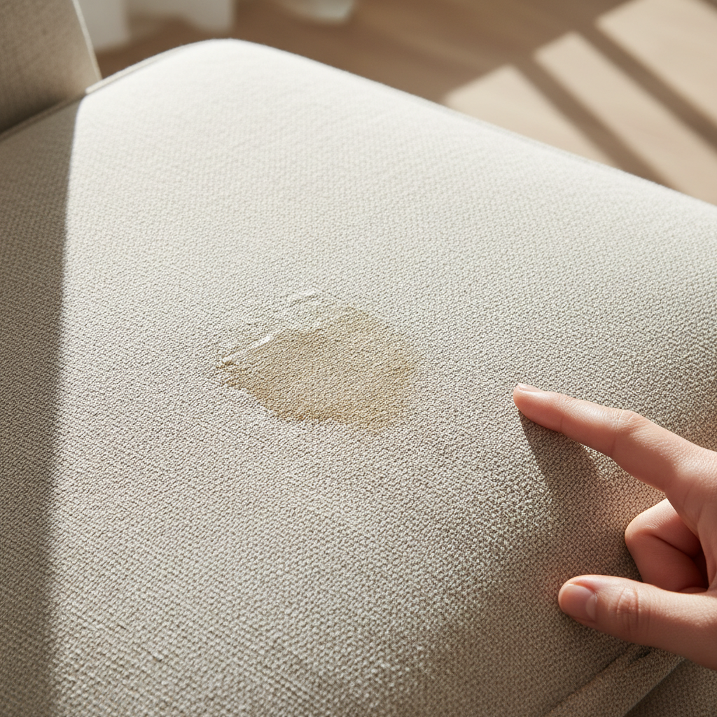 A close-up, high-angle professional photo capturing a prominent, dried grease stain on a light-colored fabric sofa cushion. The stain appears slightly darker and has a subtle sheen, creating a clear contrast against the clean, textured weave of the upholstery material, which could be a linen or cotton blend. A human hand, positioned near the stain, is just entering the frame, suggesting a moment of observation or preparation before cleaning. The lighting is bright and natural, emphasizing the fabric's texture and the stain's characteristics.