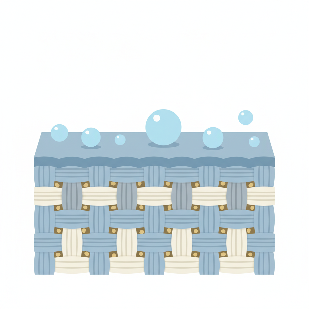 A clean, modern flat illustration in an infographic style, depicting a simplified cross-section of upholstery fabric fibers. The fibers are shown as interwoven strands, and small, irregular yellowish-brown shapes representing grease particles are visually integrated deep within them. Above these embedded grease particles, several distinct, perfectly spherical light blue water droplets are shown beading on the surface and not penetrating the fabric or mixing with the grease, clearly illustrating the hydrophobic nature of fat. The color palette should be soft and professional.
