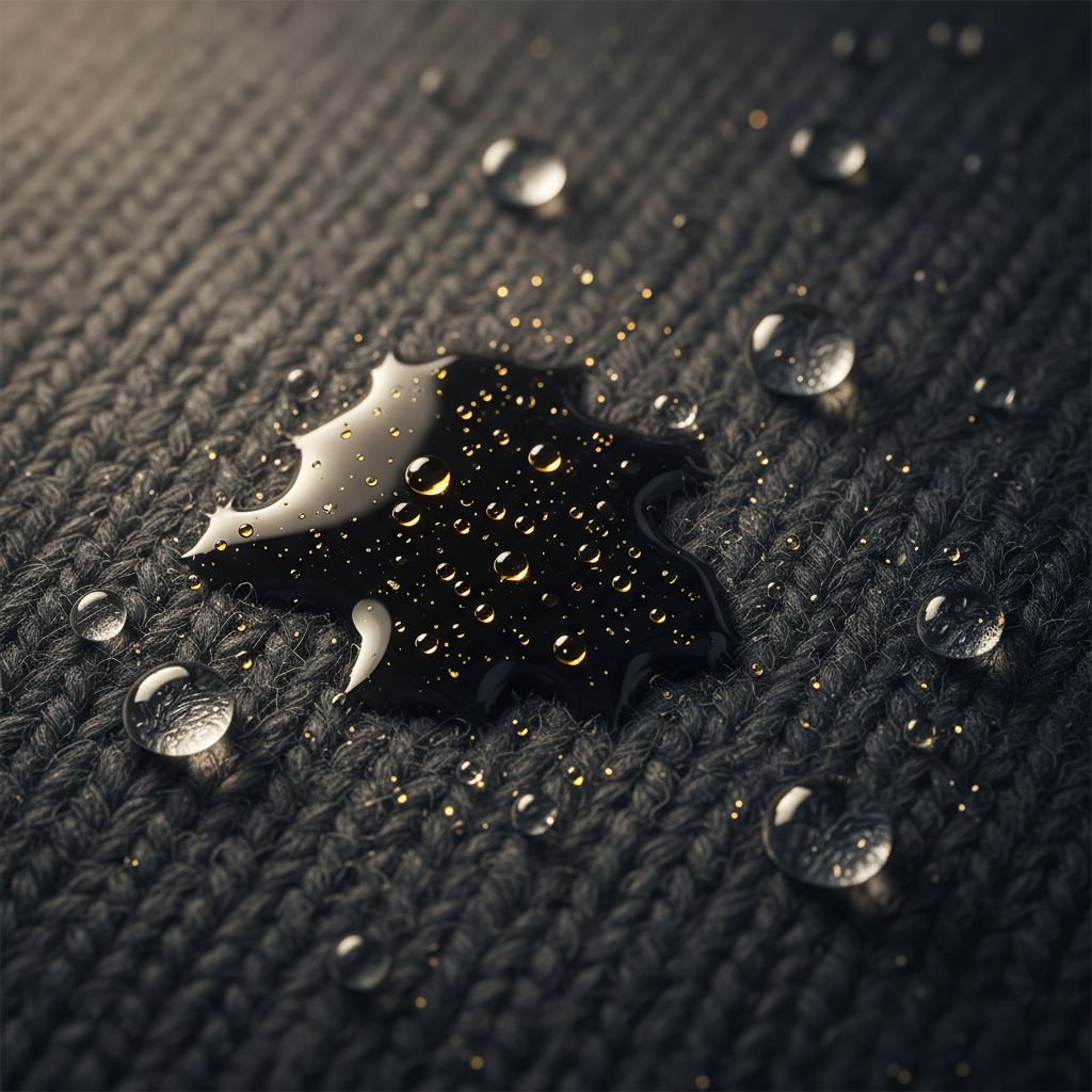 A macro-photography style illustration depicting a close-up of a knitted sweater fabric with a distinct, dark grease stain. The image should visually represent the hydrophobic nature of fat. Small, golden-yellow oil droplets are shown clinging deeply within the individual fibers of the fabric, while larger water droplets appear to bead up and roll off the surface of the stain and fabric, unable to penetrate the oily area. The fabric texture is clearly visible, showing interwoven threads. A subtle, soft light illuminates the scene, making the fibers and oil sheen noticeable.